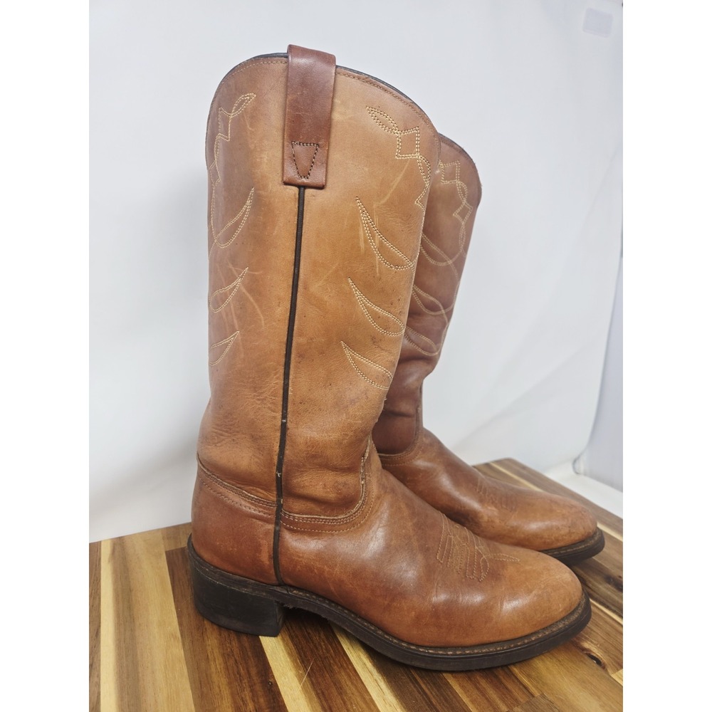 ACME Vintage Cowboy Western Boots Cognac Brown Leather Ranch Men Size 7 Womens 9 - Picture 2 of 11